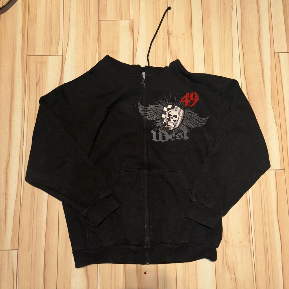 Black Zip-Up Sweater with Graphic Design
